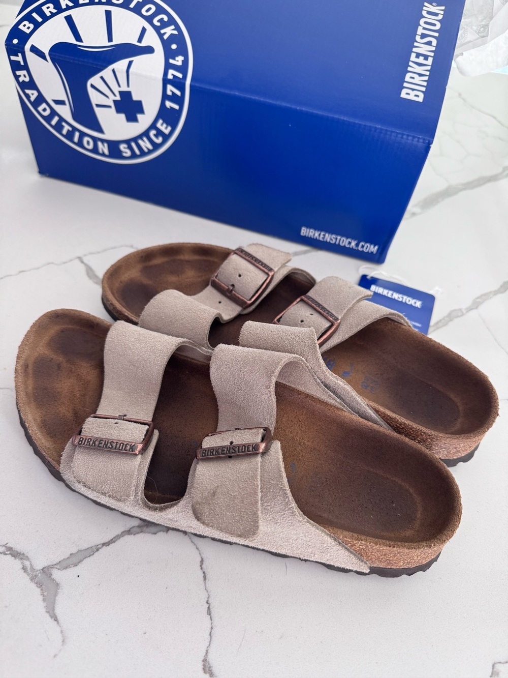 Birkenstock Arizona Suede Sandal in Soft Taupe with Bronze Buckle size 38